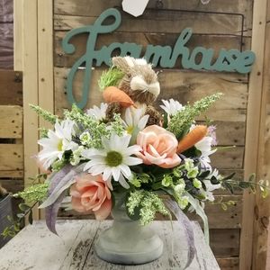 Spring Candlestick Floral Arrangement Easter Bunny Roses Daisies Carrots Lav